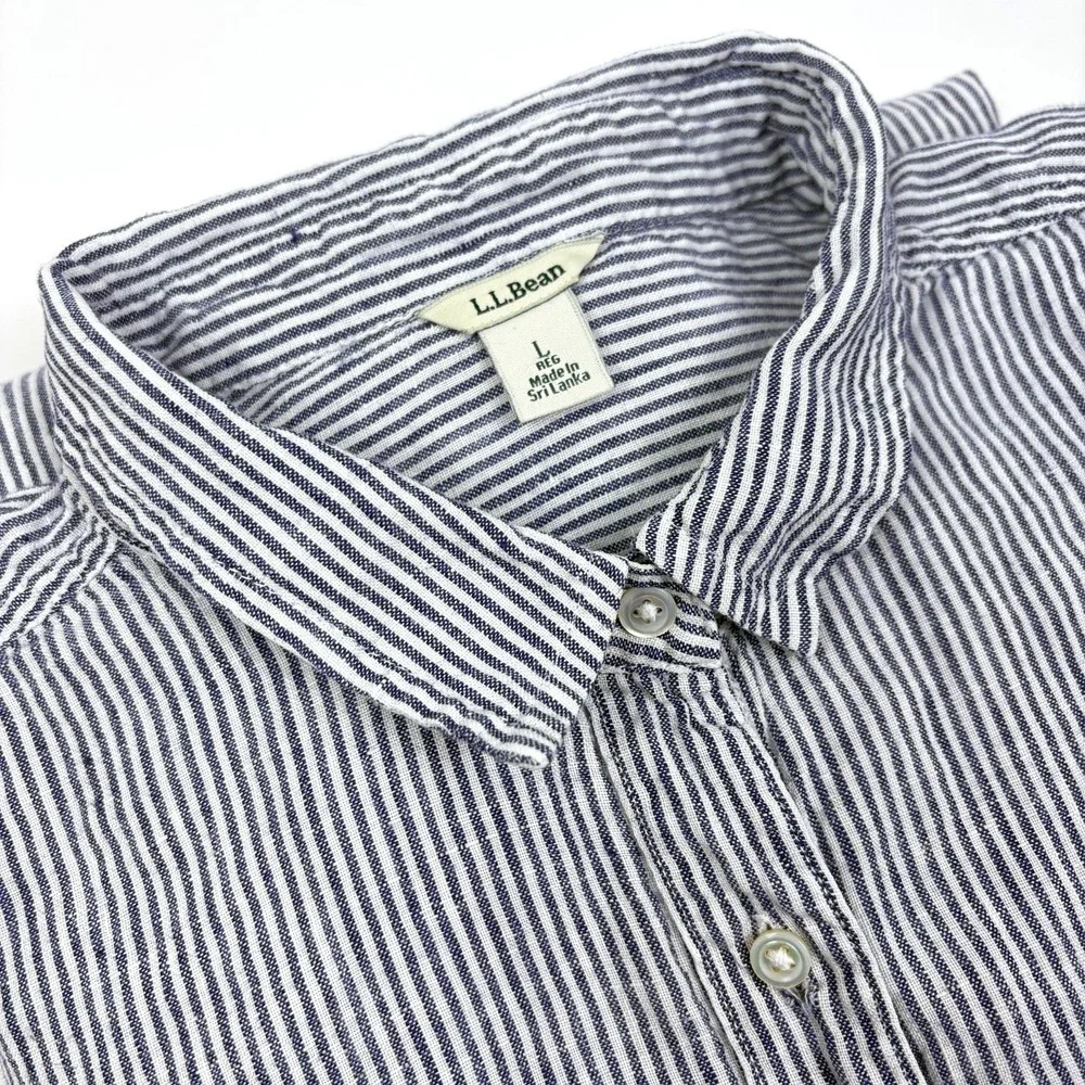 LL Bean Premium Washable Linen Button Up Shirt Womens Sz L White Blue Tunic - Picture 1 of 16